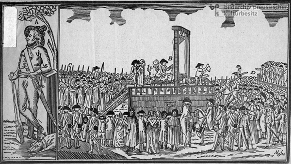 Darstellung Schinderhannes (links) und seiner Hinrichtung (rechts) (1803)